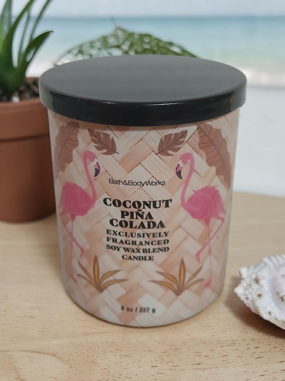 Bath & Body Works Coconut Piña Colada Candle with Pink Flamingo Art